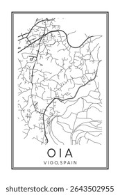 Cartaz do mapa rodoviário do centro de impressão desenhado à mão do distrito OIA da cidade espanhola de VIGO no fundo branco sólido com o nome da cidade