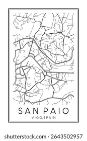 Cartaz do mapa rodoviário do centro de impressão desenhado à mão do distrito SAN PAIO da cidade espanhola de VIGO no fundo branco sólido com o nome da cidade