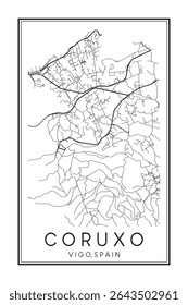Cartaz impresso à mão do mapa rodoviário do centro do distrito CORUXO da cidade espanhola de VIGO no fundo branco sólido com o nome da cidade
