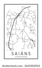 Cartaz de mapa rodoviário impresso desenhado à mão no centro do distrito SAIÁNS da cidade espanhola de VIGO sobre fundo branco sólido com nome de cidade