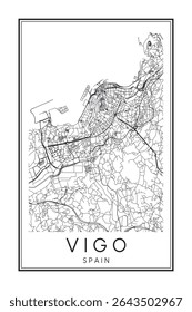 Hand drawn printable downtown road map poster of the Spanish city of VIGO on solid white background with city name