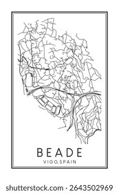 Hand drawn printable downtown road map poster of district BEADE of the Spanish city of VIGO on solid white background with city name