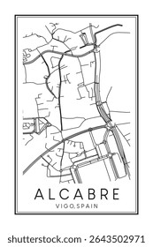 Cartaz desenhado à mão do mapa de estrada do centro de impressão do distrito ALCABRE da cidade espanhola de VIGO no fundo branco sólido com o nome da cidade
