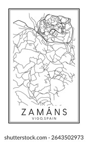 Cartaz desenhado à mão do mapa rodoviário do centro de ZAMÁNS do distrito da cidade espanhola de VIGO sobre fundo branco sólido com nome de cidade