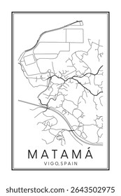 Cartaz desenhado à mão do mapa rodoviário do centro de impressão do distrito de MATAMÁ da cidade espanhola de VIGO sobre fundo branco sólido com nome de cidade
