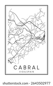 Hand drawn printable downtown road map poster of district CABRAL of the Spanish city of VIGO on solid white background with city name