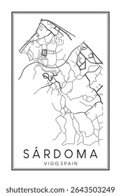 Cartaz desenhado à mão do mapa rodoviário do centro de impressão do distrito SÁRDOMA da cidade espanhola de VIGO no fundo branco sólido com o nome da cidade