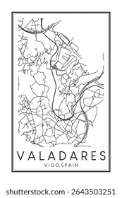 Cartaz desenhado à mão do mapa rodoviário do centro de VALADARES do distrito da cidade espanhola de VIGO no fundo branco sólido com o nome da cidade