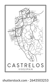 Cartaz impresso à mão do mapa rodoviário do centro do distrito CASTRELOS da cidade espanhola de VIGO sobre fundo branco sólido com nome de cidade