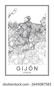 Hand drawn printable downtown road map poster of the Spanish city of GIJÓN on solid white background with city name