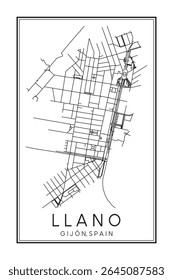 Cartaz desenhado à mão do mapa rodoviário do centro de impressão do distrito LLANO da cidade espanhola de GIJÓN sobre fundo branco sólido com o nome da cidade