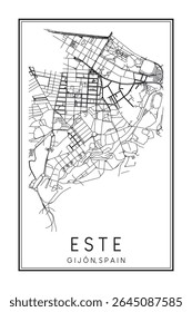 Cartaz desenhado à mão impresso no centro do mapa rodoviário do distrito ESTE da cidade espanhola de GIJÓN sobre fundo branco sólido com o nome da cidade