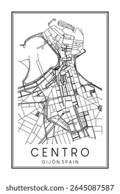 Cartaz desenhado à mão do mapa rodoviário do centro da cidade de GIJÓN, no centro do distrito, sobre fundo branco sólido com nome de cidade