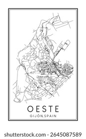 Hand drawn printable downtown road map poster of district OESTE of the Spanish city of GIJÓN on solid white background with city name