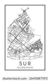 Cartaz desenhado à mão do mapa rodoviário do centro de impressão do distrito SUR da cidade espanhola de GIJÓN sobre fundo branco sólido com o nome da cidade