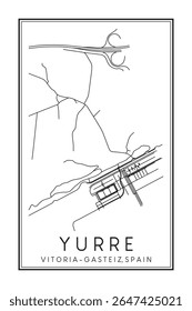 Cartaz de mapa rodoviário desenhado à mão no centro do distrito YURRE-IHURRE da cidade espanhola de VITORIA-GASTEIZ sobre fundo branco sólido com nome de cidade
