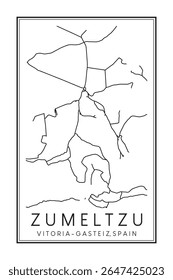 Cartaz de mapa rodoviário desenhado à mão do centro de ZUMELTZU do distrito da cidade espanhola de VITORIA-GASTEIZ no fundo branco sólido com o nome da cidade