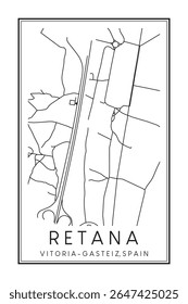 Cartaz impresso à mão do mapa rodoviário do centro do distrito RETANA da cidade espanhola de VITORIA-GASTEIZ sobre fundo branco sólido com nome da cidade