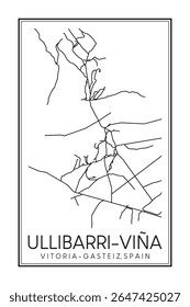 Cartaz impresso à mão do mapa rodoviário do centro do distrito de ULLIBARRI-VIÑA da cidade espanhola de VITORIA-GASTEIZ sobre fundo branco sólido com nome de cidade