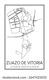 Cartaz de mapa rodoviário desenhado à mão do centro de ZUAZO DE VITORIA do distrito da cidade espanhola de VITORIA-GASTEIZ no fundo branco sólido com o nome da cidade