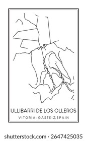 Cartaz de mapa rodoviário desenhado à mão no centro de ULLIBARRI DE LOS OLLEROS da cidade espanhola de VITORIA-GASTEIZ sobre fundo branco sólido com nome de cidade