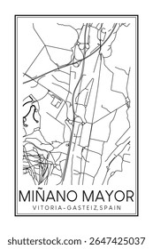 Cartaz impresso à mão do mapa rodoviário do centro do distrito de MIÑANO PREFEITO da cidade espanhola de VITORIA-GASTEIZ sobre fundo branco sólido com nome de cidade