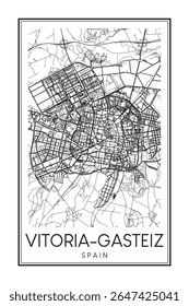 Cartaz impresso à mão do mapa rodoviário do centro da cidade espanhola de VITORIA-GASTEIZ no fundo branco sólido com o nome da cidade