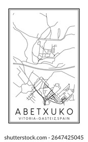 Cartaz de mapa rodoviário impresso desenhado à mão no centro do distrito ABETXUKO da cidade espanhola de VITORIA-GASTEIZ sobre fundo branco sólido com nome de cidade