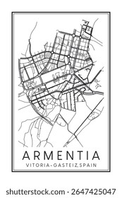 Cartaz do mapa rodoviário do centro de impressão desenhado à mão do distrito ARMENTIA da cidade espanhola de VITORIA-GASTEIZ no fundo branco sólido com o nome da cidade