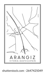 Cartaz impresso à mão do mapa rodoviário do centro do distrito de ARANGIZ da cidade espanhola de VITORIA-GASTEIZ sobre fundo branco sólido com nome da cidade
