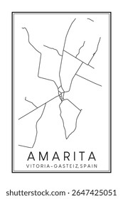 Cartaz de mapa rodoviário impresso desenhado à mão no centro do distrito de AMARITA da cidade espanhola de VITORIA-GASTEIZ sobre fundo branco sólido com nome de cidade
