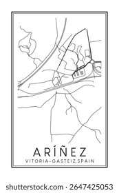Cartaz desenhado à mão do centro do mapa rodoviário do distrito ARÍÑEZ - ARIÑIZ da cidade espanhola de VITORIA-GASTEIZ sobre fundo branco sólido com nome de cidade