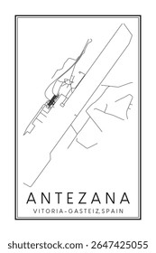 Cartaz de mapa rodoviário desenhado à mão no centro da cidade de VITORIA-GASTEIZ, no distrito de ANTEZANA, sobre fundo branco sólido com nome de cidade