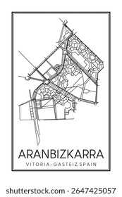 Cartaz impresso à mão do mapa rodoviário do centro do distrito ARANBIZKARRA da cidade espanhola de VITORIA-GASTEIZ sobre fundo branco sólido com nome da cidade