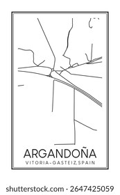Cartaz desenhado à mão do mapa rodoviário do centro de ARGANDOÑA do distrito da cidade espanhola de VITORIA-GASTEIZ no fundo branco sólido com o nome da cidade