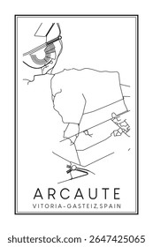 Cartaz do mapa rodoviário do centro de impressão desenhado à mão do distrito ARCAUTE da cidade espanhola de VITORIA-GASTEIZ no fundo branco sólido com o nome da cidade