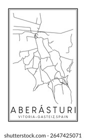 Cartaz impresso à mão do mapa rodoviário do centro do distrito de ABERÁSTURI da cidade espanhola de VITORIA-GASTEIZ sobre fundo branco sólido com nome da cidade