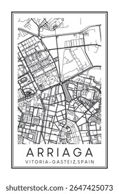 Cartaz do mapa rodoviário do centro de impressão desenhado à mão do distrito ARRIAGA da cidade espanhola de VITORIA-GASTEIZ sobre fundo branco sólido com nome da cidade