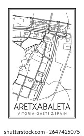 Cartaz impresso à mão do mapa rodoviário do centro do distrito ARETXABALETA da cidade espanhola de VITORIA-GASTEIZ sobre fundo branco sólido com nome da cidade
