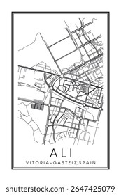 Cartaz impresso à mão do mapa rodoviário do centro do distrito ALI da cidade espanhola de VITORIA-GASTEIZ sobre fundo branco sólido com nome da cidade