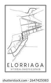 Cartaz de mapa rodoviário desenhado à mão do centro do distrito ELORRIAGA da cidade espanhola de VITORIA-GASTEIZ sobre fundo branco sólido com nome da cidade