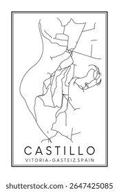 Cartaz de mapa rodoviário impresso desenhado à mão no centro do distrito de CASTILLO - GAZTELU da cidade espanhola de VITORIA-GASTEIZ sobre fundo branco sólido com nome de cidade