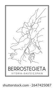 Cartaz de mapa rodoviário desenhado à mão no centro do distrito BERROSTEGIETA da cidade espanhola de VITORIA-GASTEIZ sobre fundo branco sólido com nome de cidade