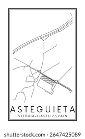 Cartaz impresso à mão do mapa rodoviário do centro do distrito de ASTEGUIETA da cidade espanhola de VITORIA-GASTEIZ no fundo branco sólido com o nome da cidade