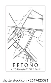 Cartaz impresso à mão do mapa rodoviário do centro do distrito BETOÑO da cidade espanhola de VITORIA-GASTEIZ sobre fundo branco sólido com nome da cidade