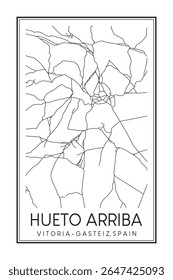 Cartaz de mapa rodoviário desenhado à mão no centro de HUETO ARRIBA do distrito da cidade espanhola de VITORIA-GASTEIZ sobre fundo branco sólido com nome de cidade