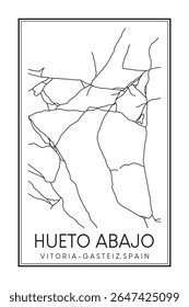 Cartaz de mapa rodoviário desenhado à mão no centro do distrito HUETO ABAJO da cidade espanhola de VITORIA-GASTEIZ sobre fundo branco sólido com nome de cidade