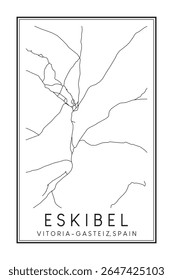 Cartaz desenhado à mão impresso no centro do mapa rodoviário do distrito de ESKIBEL da cidade espanhola de VITORIA-GASTEIZ sobre fundo branco sólido com nome da cidade