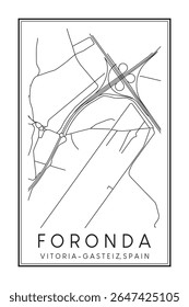 Cartaz do mapa rodoviário do centro de impressão desenhado à mão do distrito FORONDA da cidade espanhola de VITORIA-GASTEIZ no fundo branco sólido com o nome da cidade