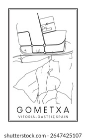 Cartaz de mapa rodoviário impresso desenhado à mão no centro do distrito GOMETXA da cidade espanhola de VITORIA-GASTEIZ sobre fundo branco sólido com nome de cidade